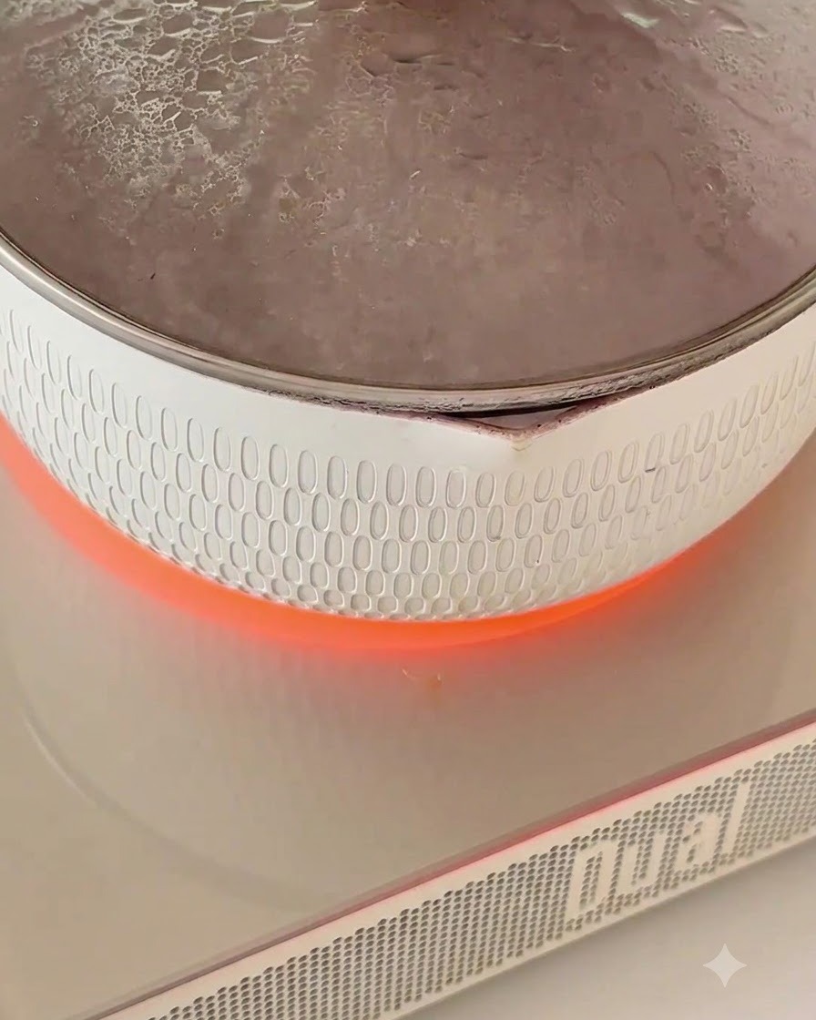 Dry noodles cooking inside a covered pot of boiling water on a heated stovetop.