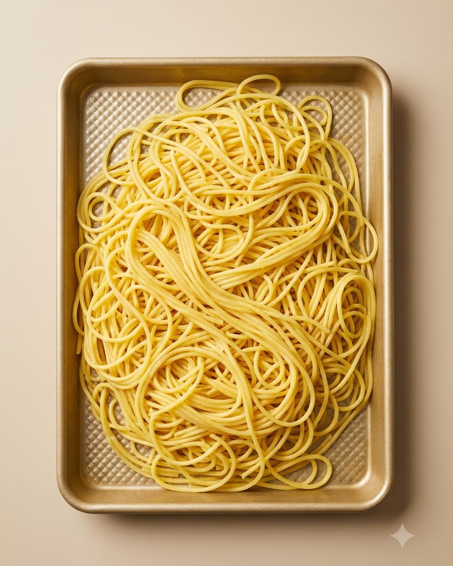 Cooked spaghetti-like noodles spread out on a golden baking sheet after being drained.