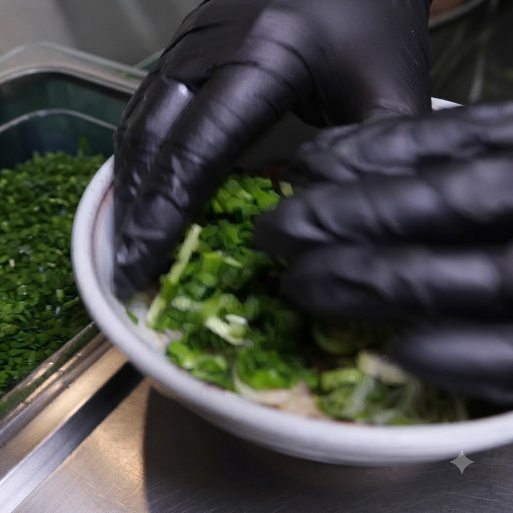 Gloved hands arranging pieces of dark seaweed into the bowl of noodles and green onions.