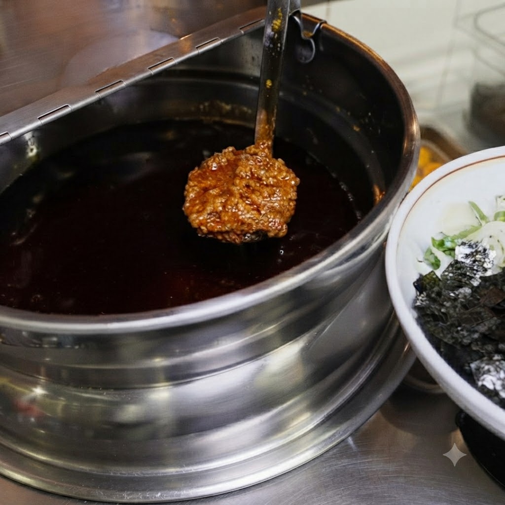 A ladle holding a large portion of savory minced meat sauce suspended over a pot, next to a bowl of noodles.