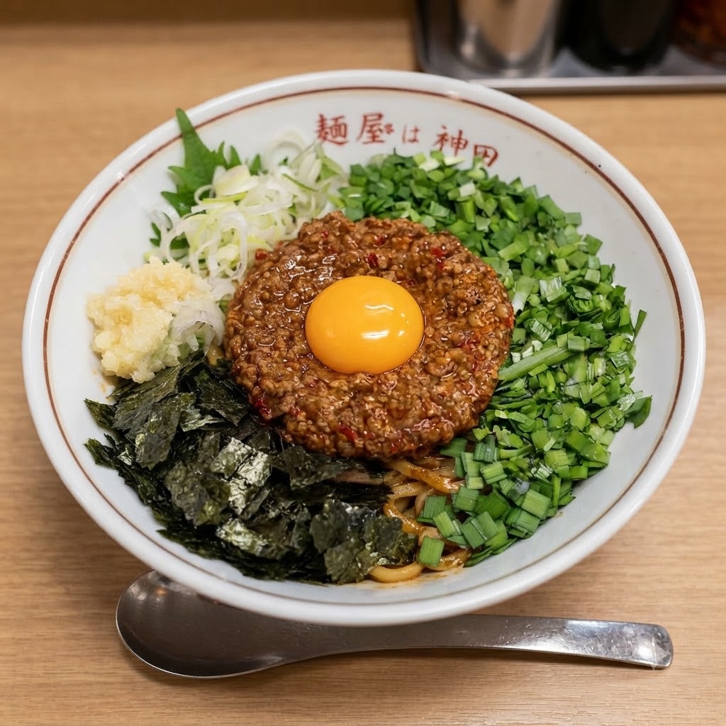 A bright yellow raw egg yolk sitting perfectly in the middle of seasoned minced meat on top of dry mixed noodles.