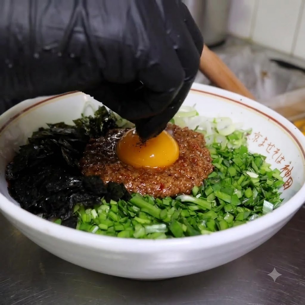 Slices of roast pork and soft-boiled egg halves being arranged neatly into the bowl of noodles.