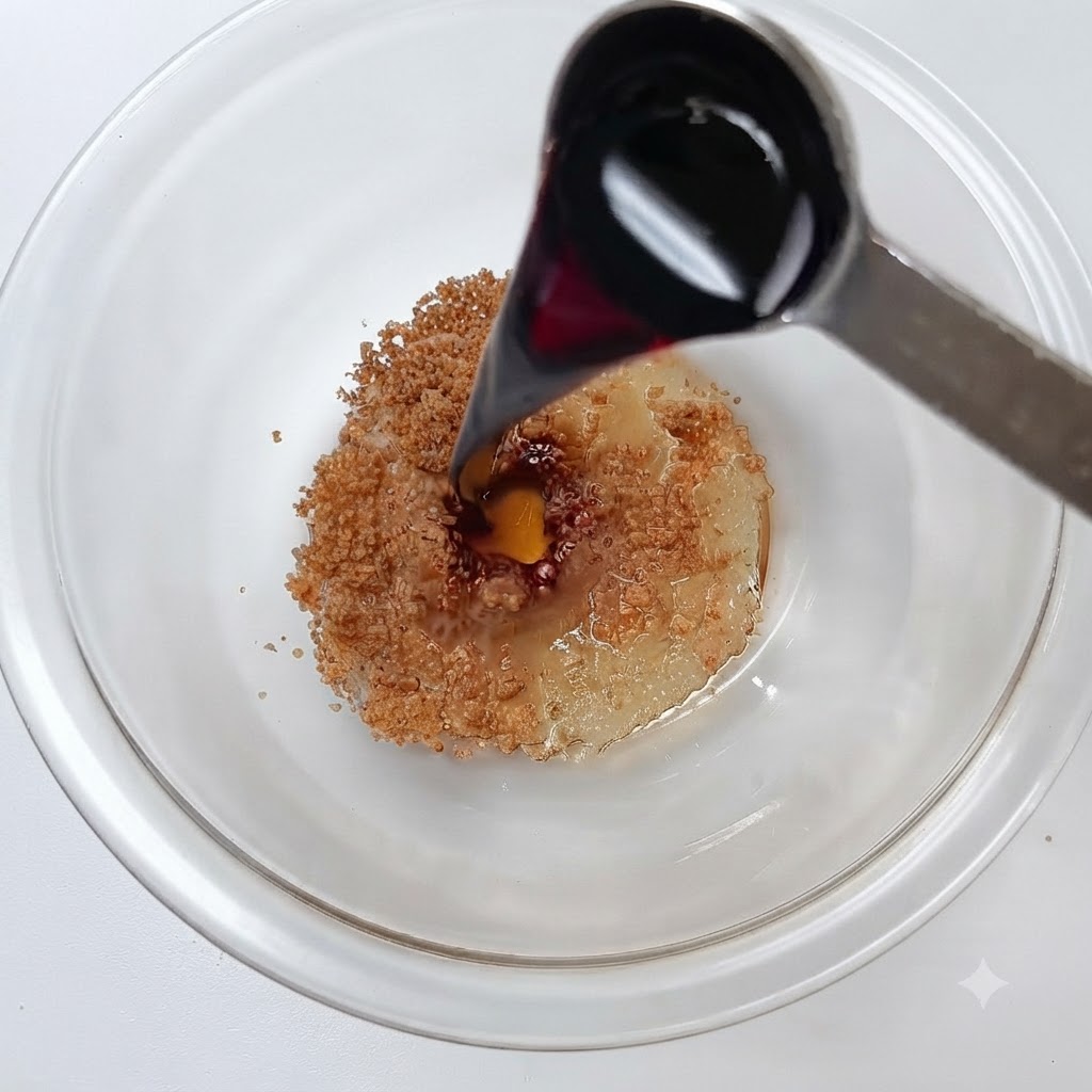 Dark soy sauce being poured from a spoon into a glass bowl with sugar.