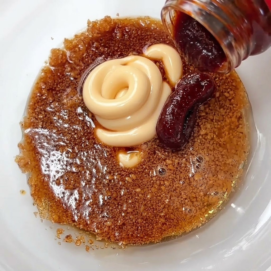 Mayonnaise and gochujang paste sitting on top of sugar and sauce mixture inside a glass bowl.