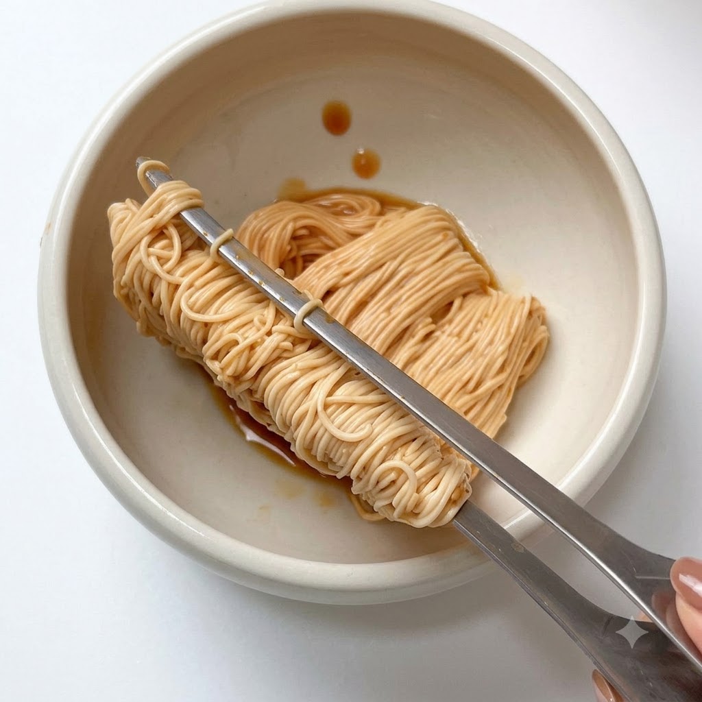 A portion of coated noodles being held with metal tongs over a white ceramic serving bowl.
