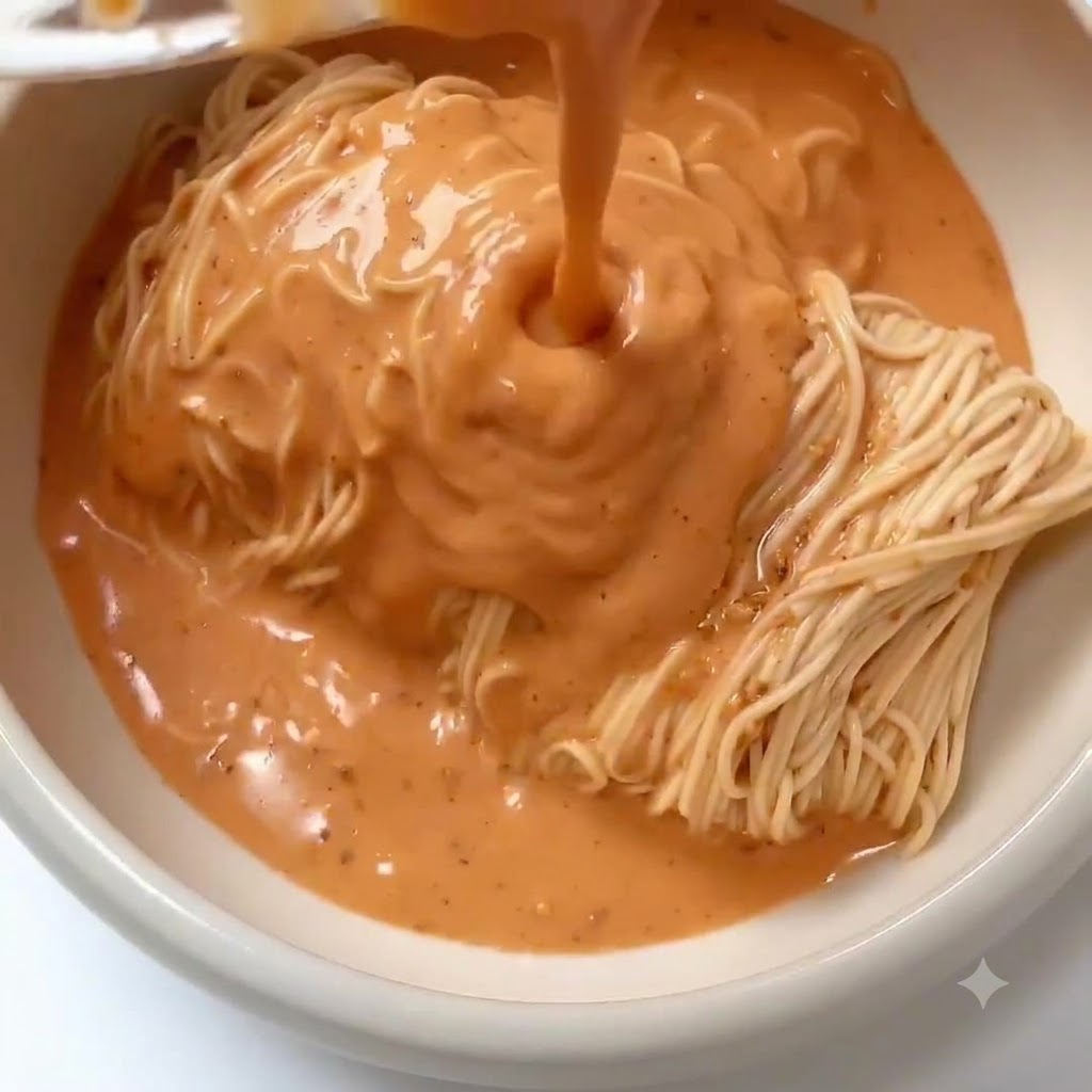 Smooth creamy reddish sauce being poured from above onto noodles inside a serving bowl.