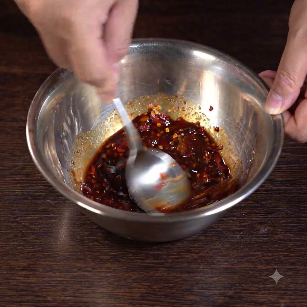 A spoon mixing the sauce ingredients together inside a stainless steel bowl.