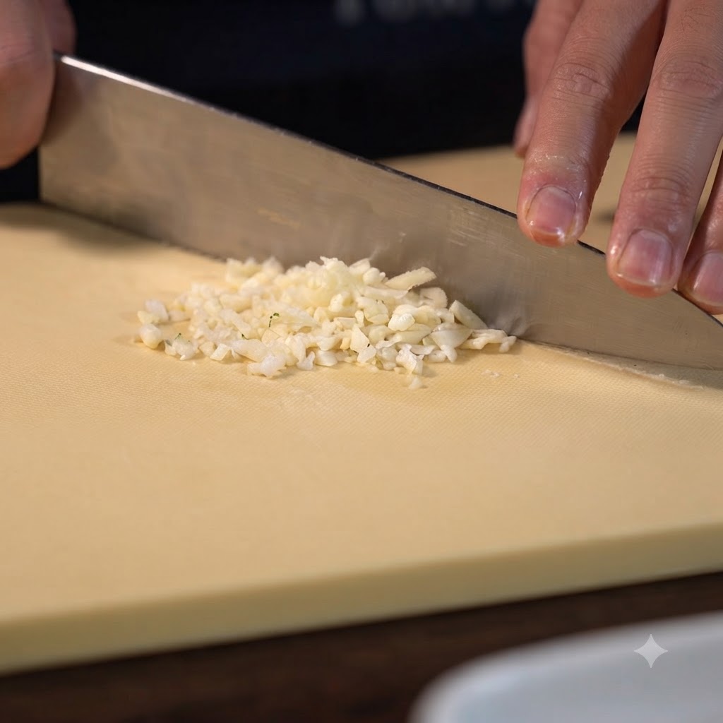 A person chopping garlic cloves on a cutting board with a knife.