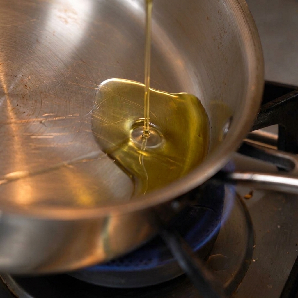 Garlic frying in hot oil in a stainless steel pan.