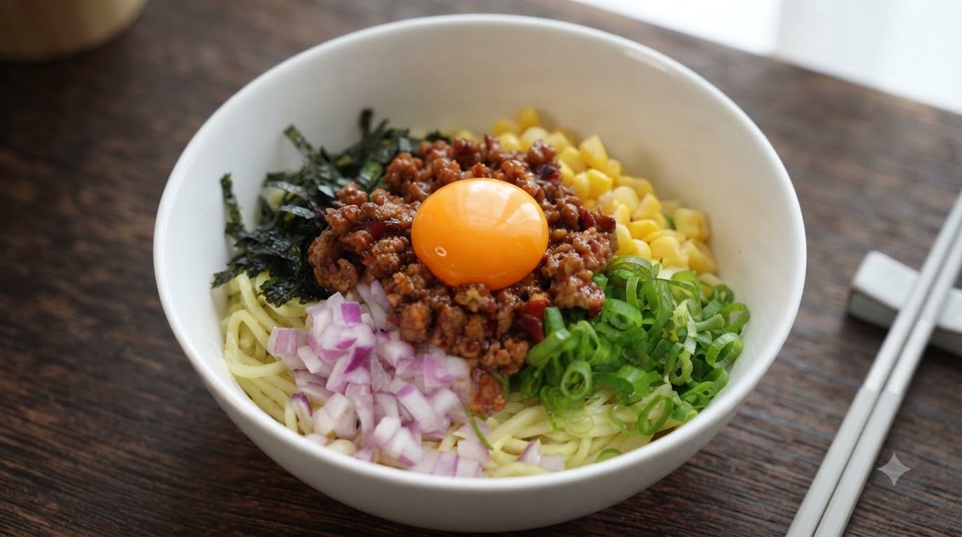 A bowl of Japanese spicy minced pork mixed noodles garnished with corn, red onion, green scallions, seaweed, and a raw egg yolk
