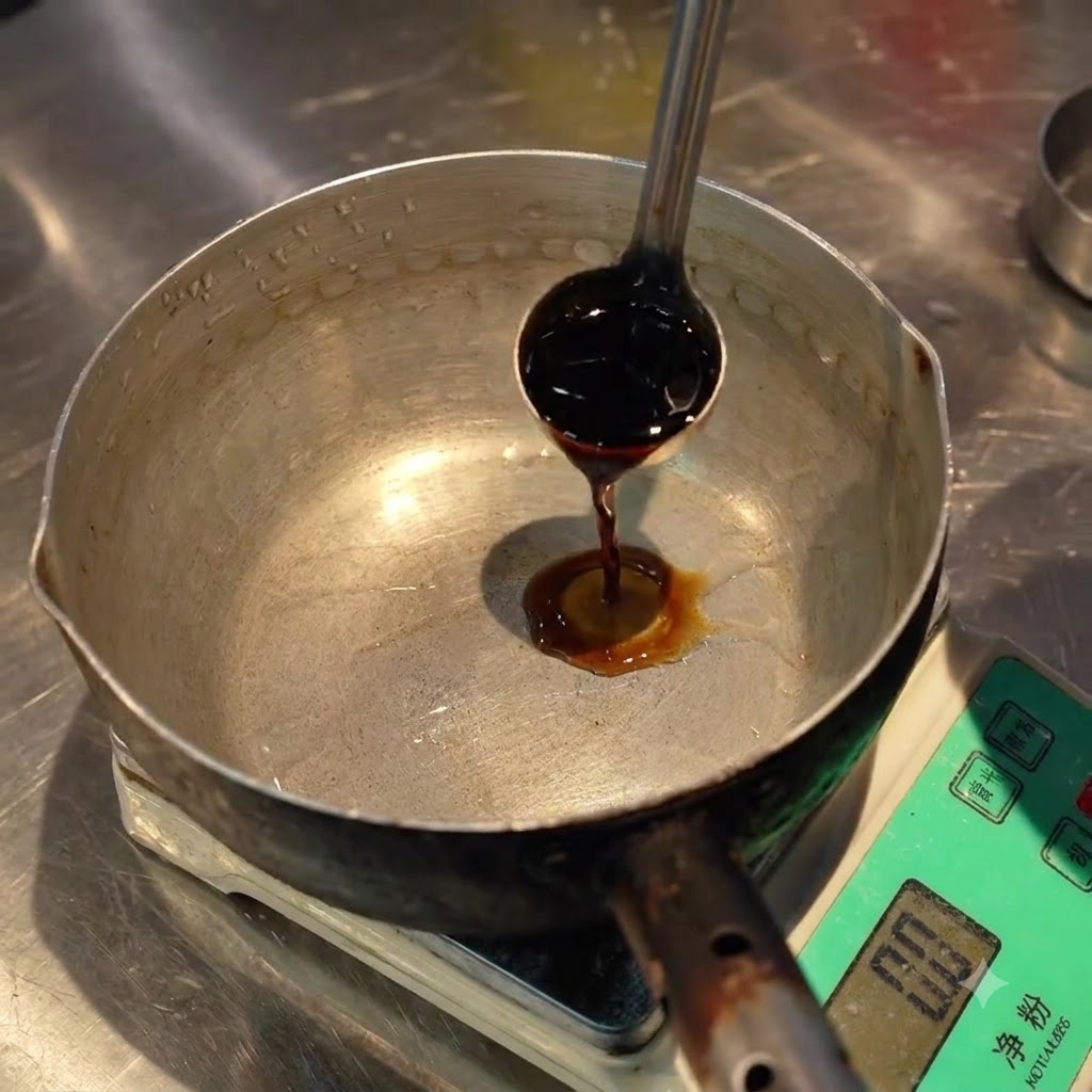 Soy sauce being poured into a small metal pot resting on a kitchen scale.