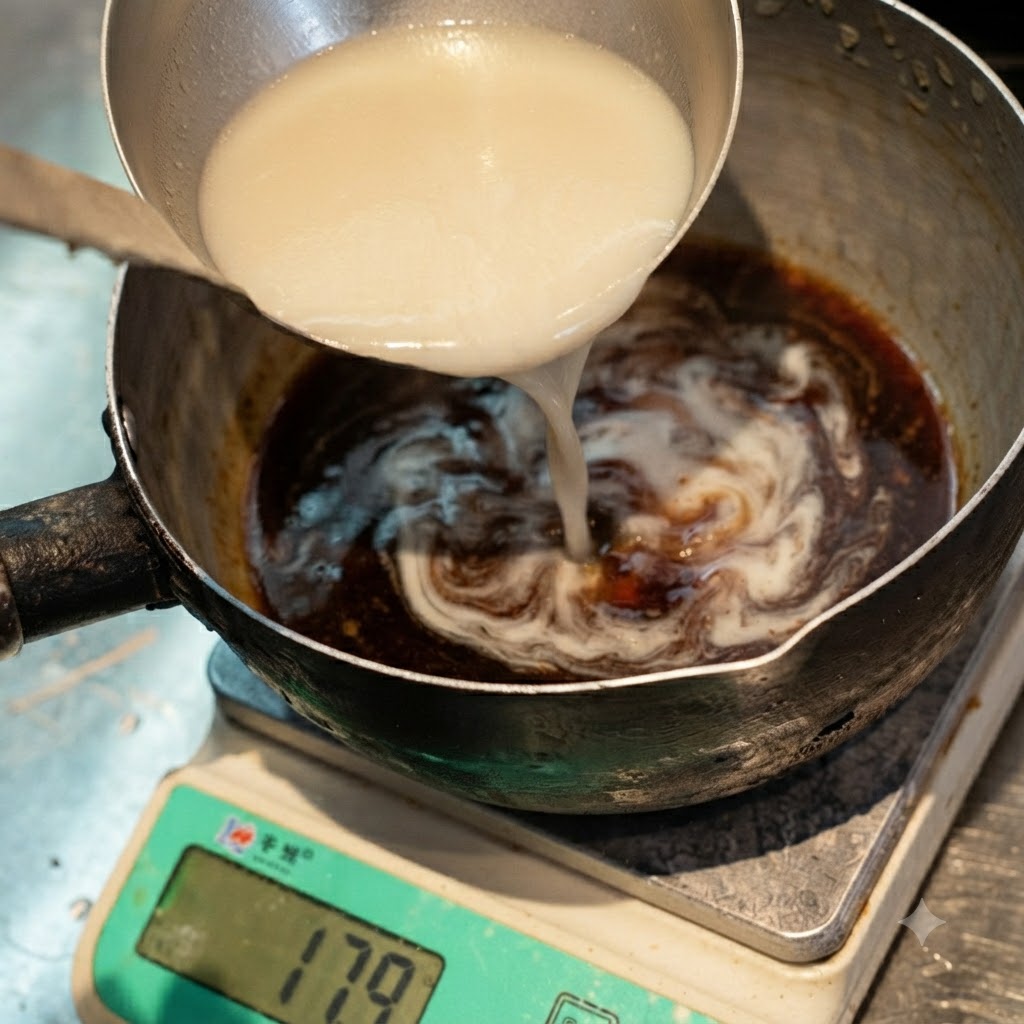 Bone broth being added to the seasoned pot from a ladle.