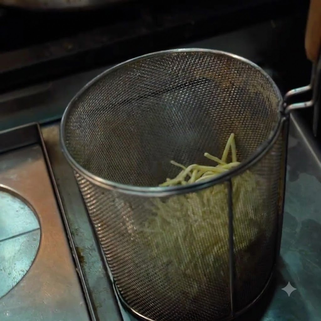 Noodles arranged inside a metal strainer basket ready to be heated.
