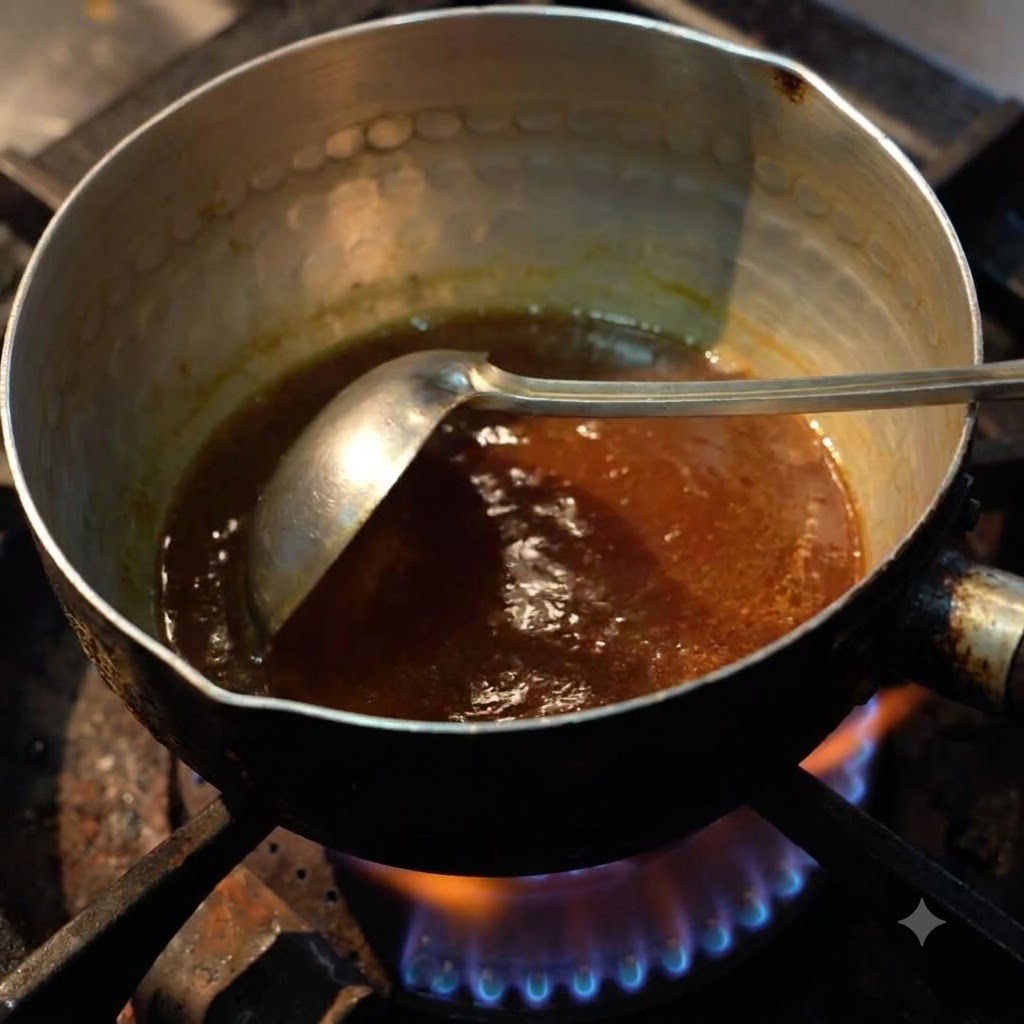 Soup juice being ladled into a ceramic bowl.