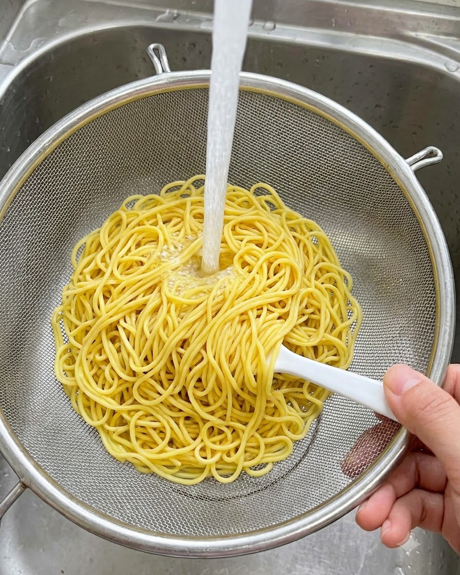 Cooked noodles being rinsed under running water in a strainer basket.