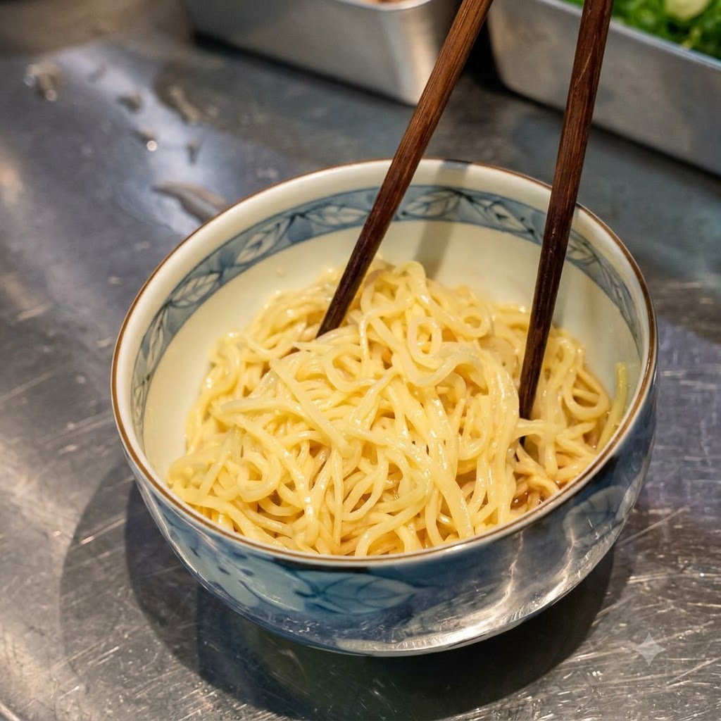 Chopsticks mixing noodles with sauce inside a patterned ceramic bowl.