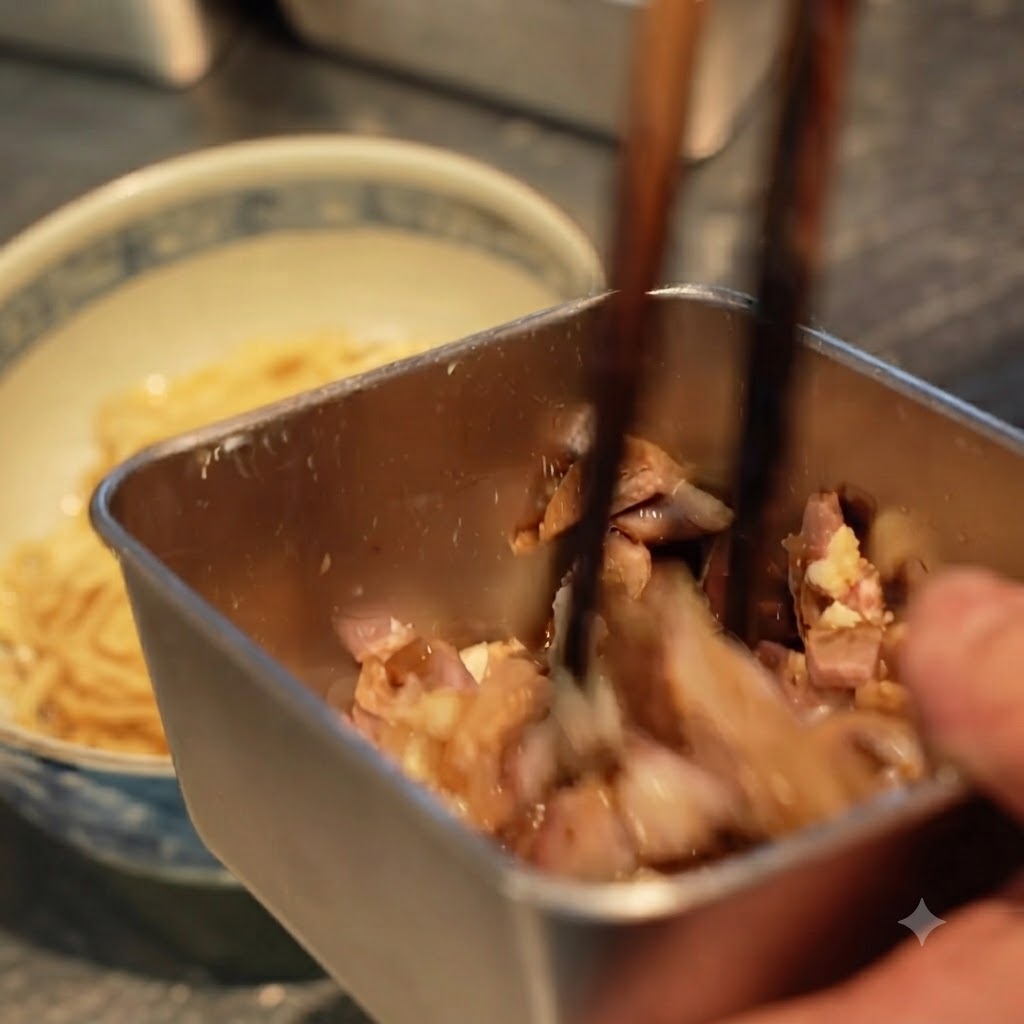 Chopsticks adding diced chashu meat onto the noodles in a serving bowl.