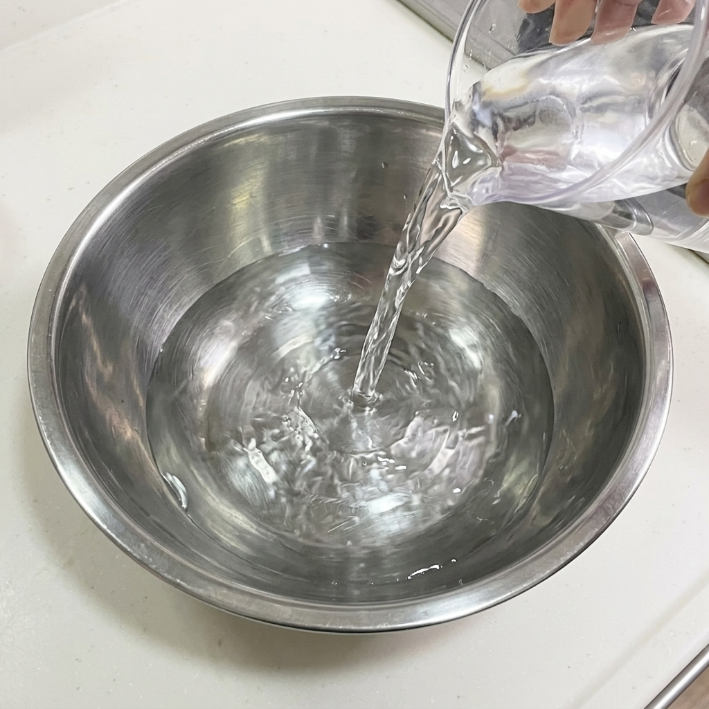 Water being poured from a transparent measuring container into a stainless steel mixing bowl.