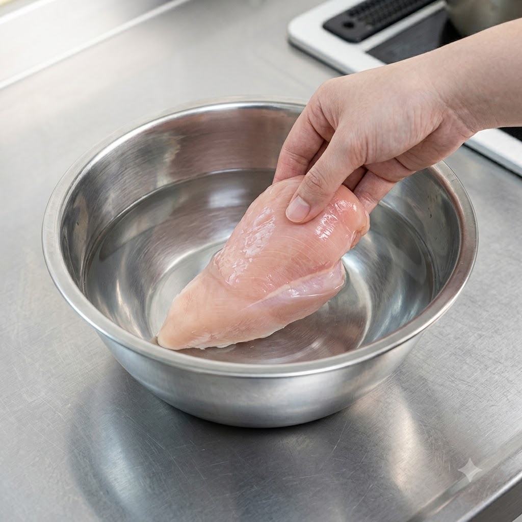 A hand gently lowering a piece of raw chicken breast into a bowl of water.