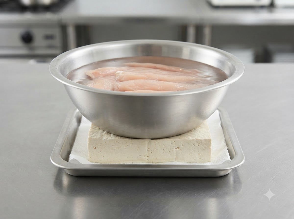 A metal bowl of water resting on top of a block of firm tofu wrapped in paper towels on a tray.