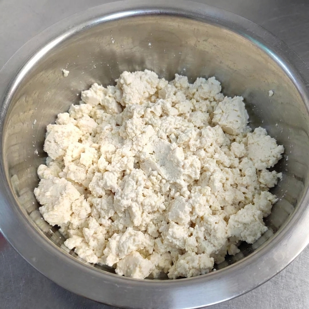 Crumpled white firm tofu filling the bottom of a stainless steel mixing bowl.