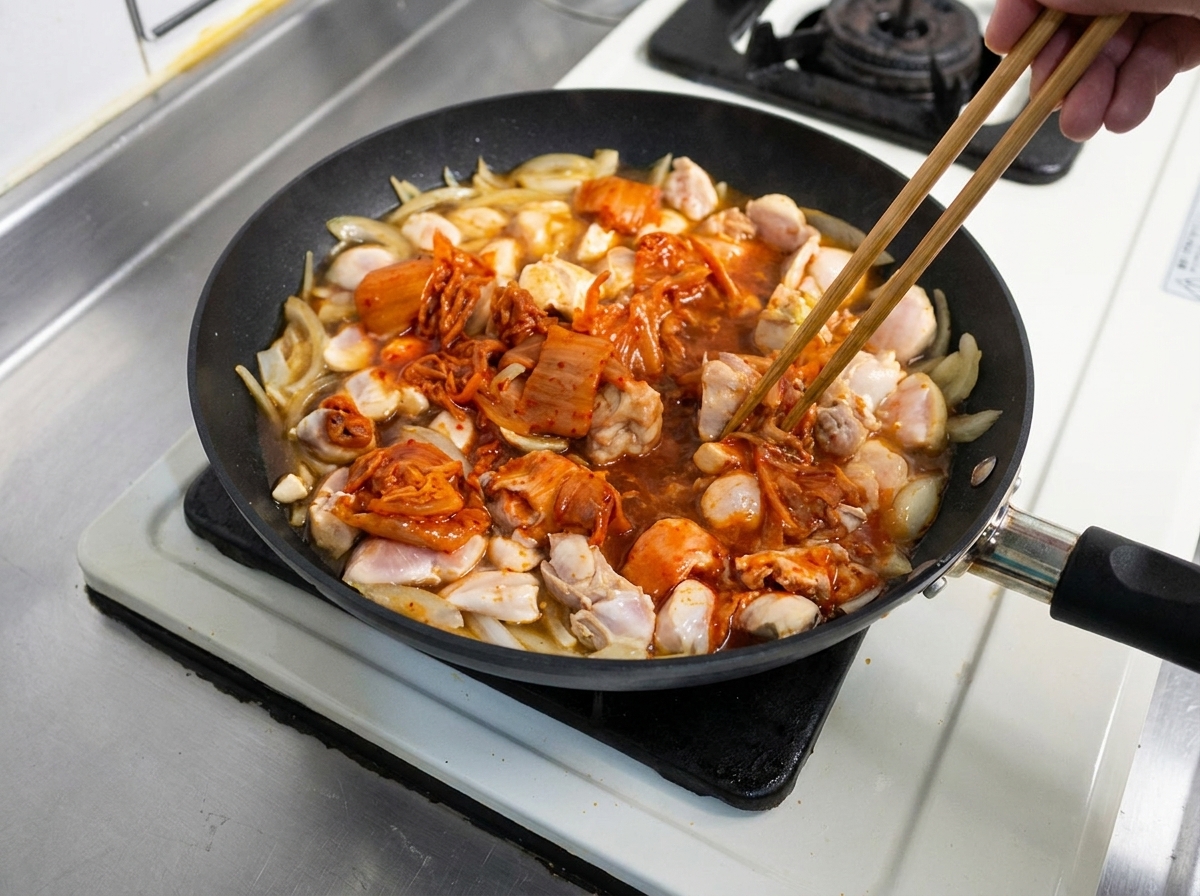 Kimchi being mixed into the simmering chicken and onion broth using wooden chopsticks.