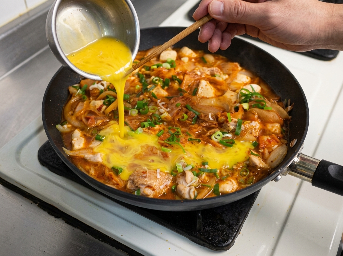A small metal bowl pouring beaten yellow eggs over simmering chicken, kimchi, and onions in a black pan.