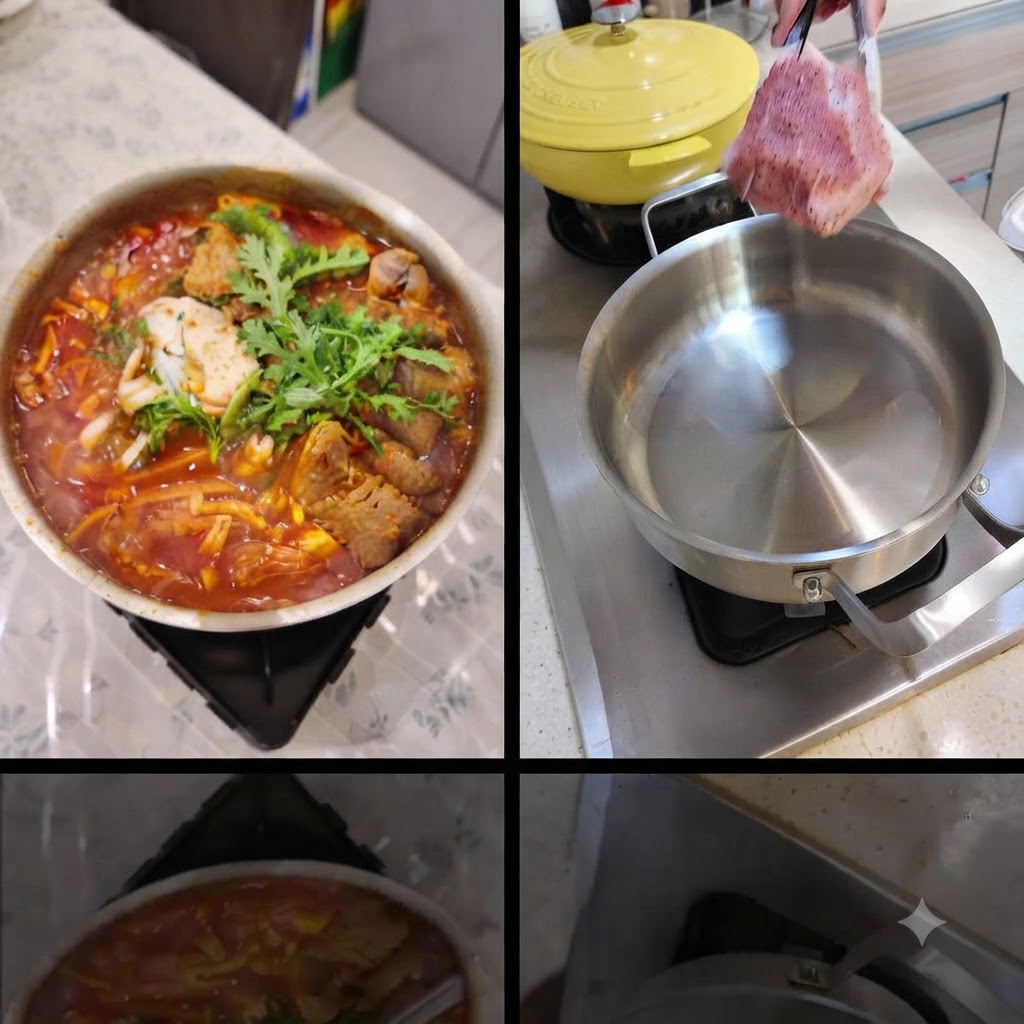 Pork pieces, ginger slices, and green scallions being arranged inside a stainless steel pan.