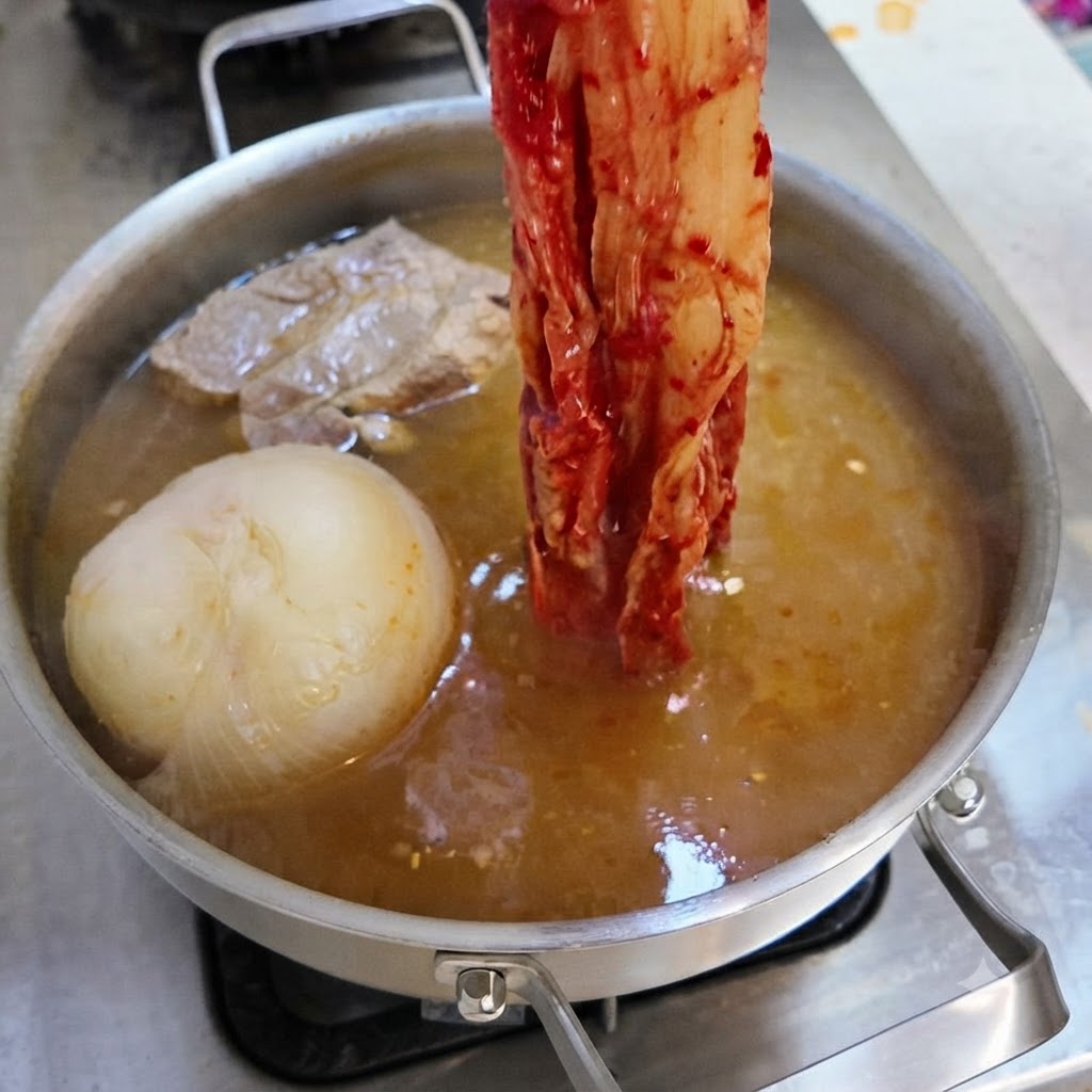 A long strand of red fermented spicy kimchi being dropped into a simmering pot of broth.