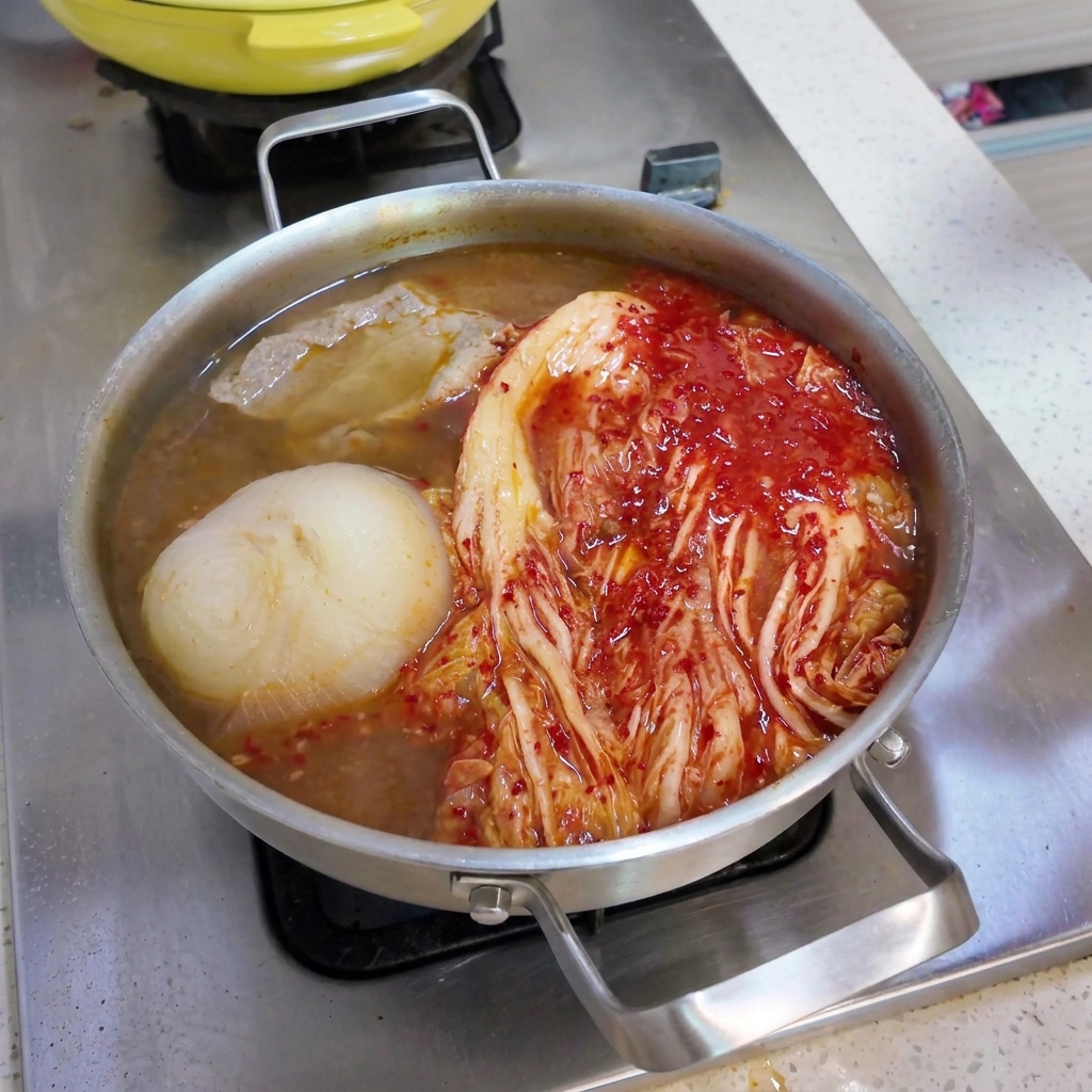 Seasonings including hot sauce, chili flakes, and minced garlic added into the bubbling hot pot broth.