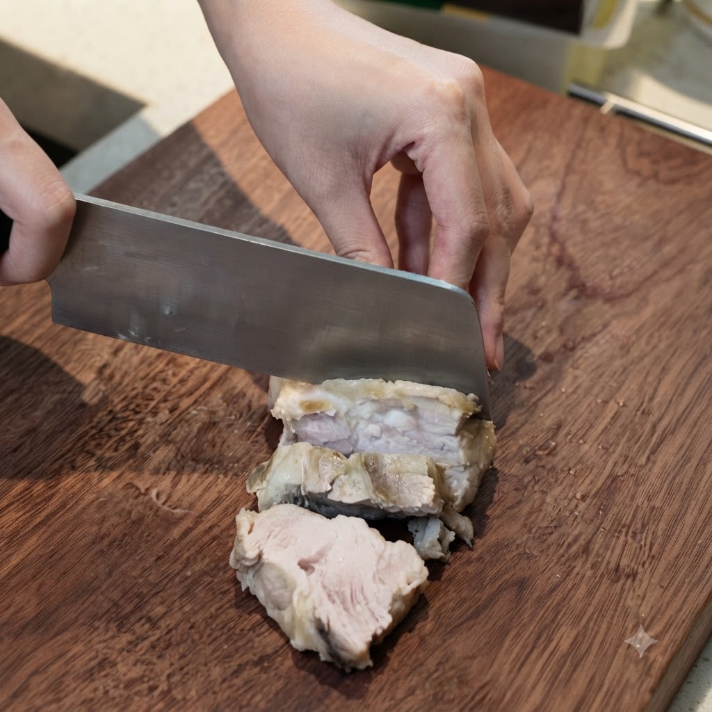 Cooked pork being cut into neat slices with a kitchen knife on a wooden board.
