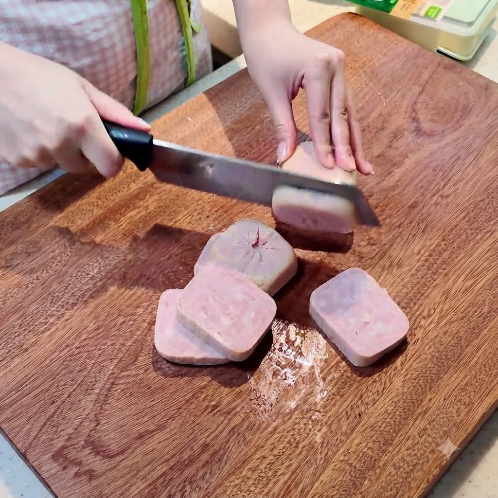 Luncheon meat and soft tofu being sliced into portions on a wooden cutting board.