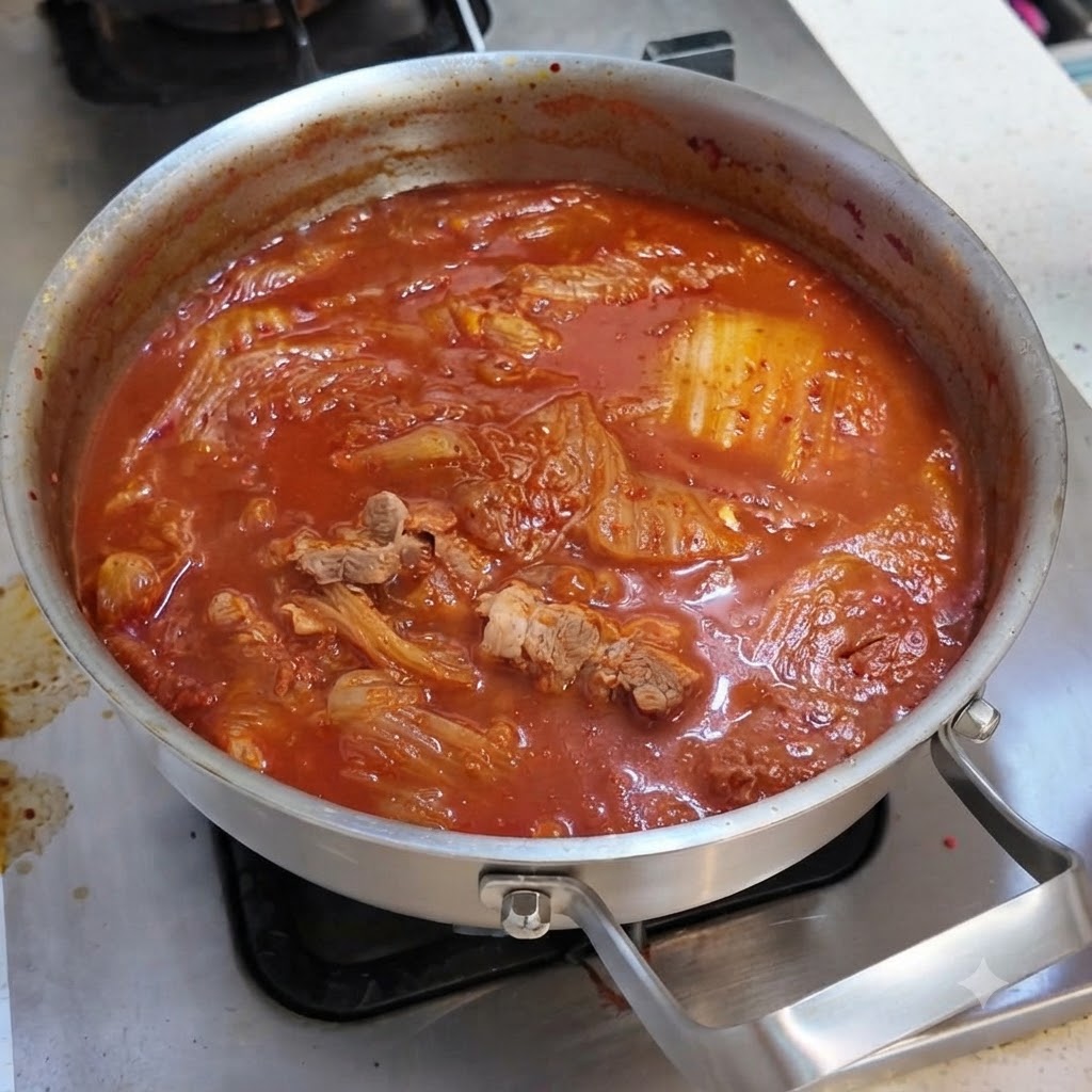 Slices of cooked pork, luncheon meat, and soft tofu lined up neatly inside the simmering red kimchi broth.