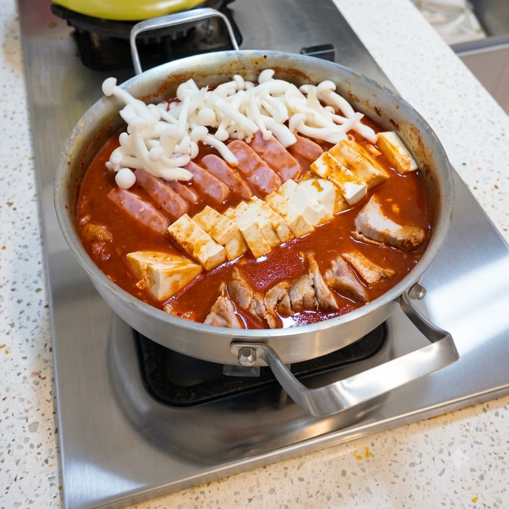 Fresh white mushrooms being placed over the layered tofu, meat, and kimchi ingredients in the hot pot.