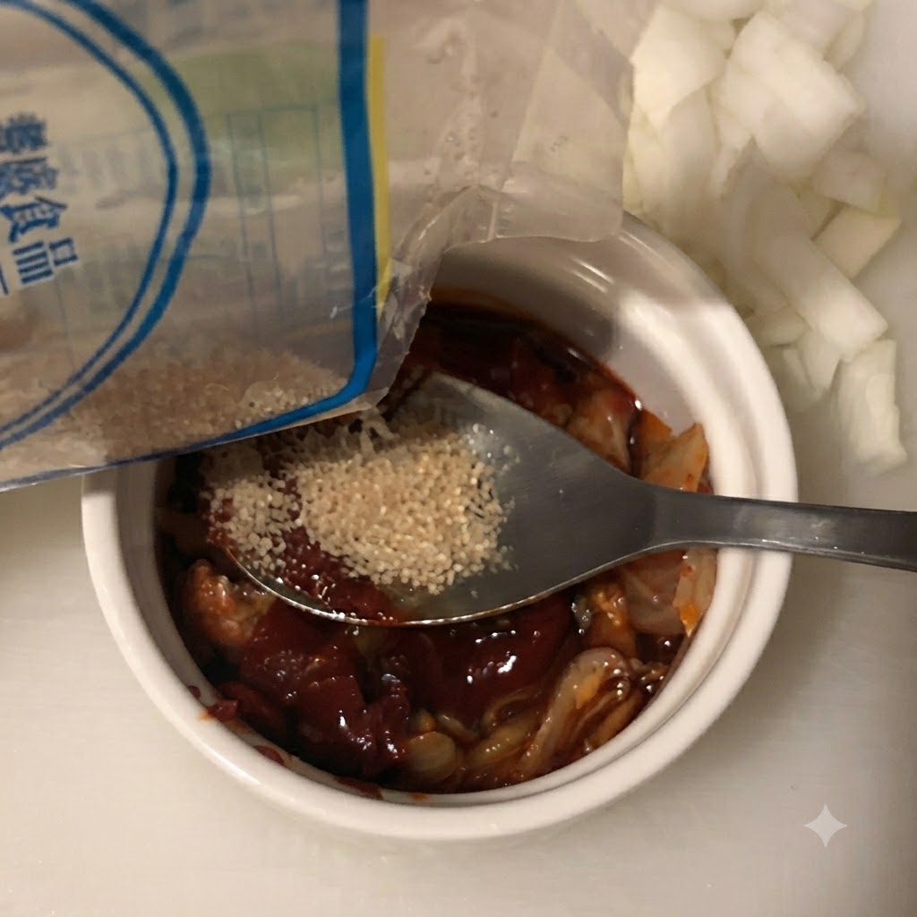 White sugar being poured from a bag into the bowl containing the sauce ingredients.