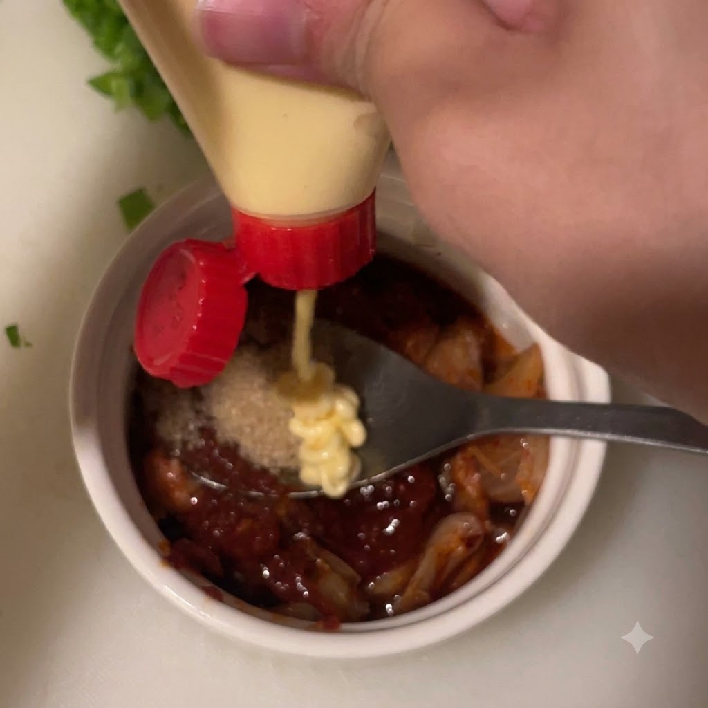 Mayonnaise being squeezed from a bottle onto the sauce mixture in a small white bowl.