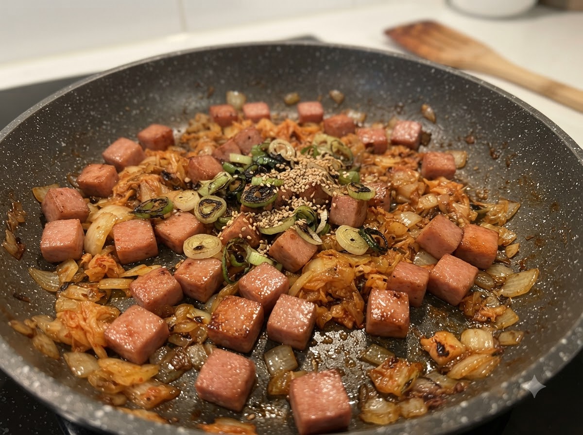 Crispy diced Spam and onions mixed together in a large dark frying pan with sesame seeds on top.