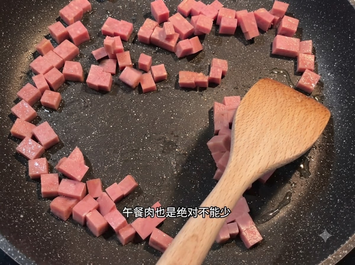 A wooden spatula stirring pink Spam cubes scattered across a dark frying pan with oil.