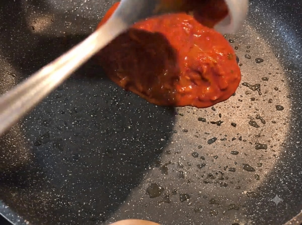 A ladle pouring a thick red sauce mixture into a hot oiled frying pan.