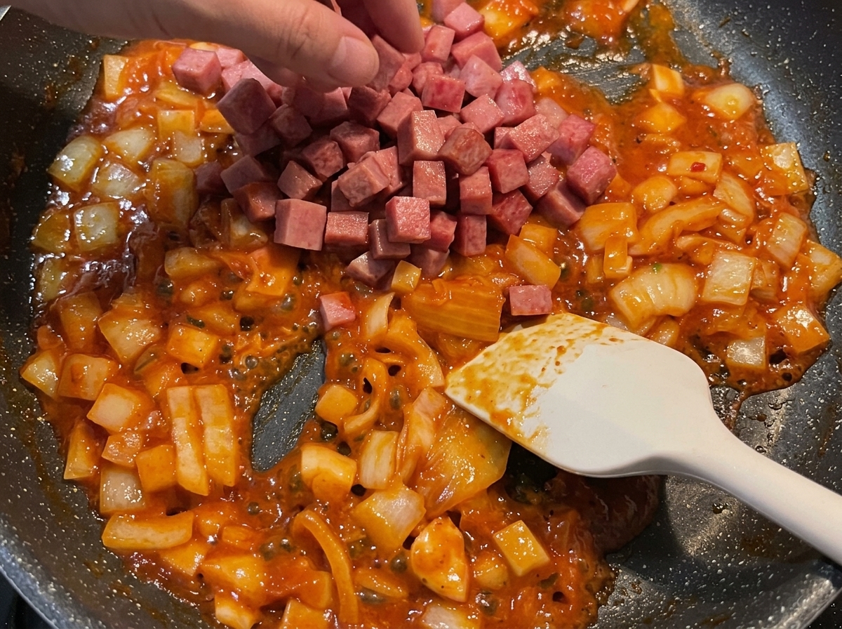 A hand adding diced Spam back into a pan filled with sautéed onions and red sauce, with a spatula resting nearby.