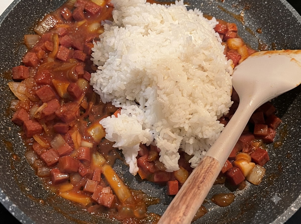 Cooked white rice dumped on top of the cooked Spam and red sauce mixture in a frying pan.