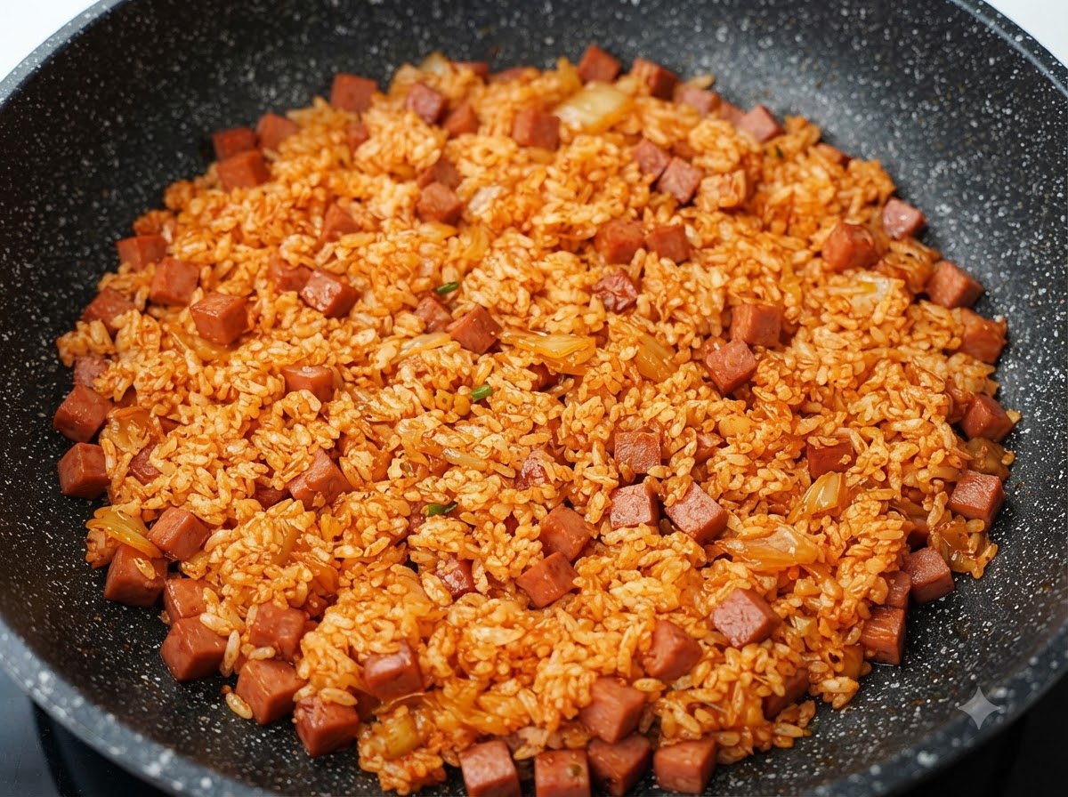A pan full of kimchi fried rice completely mixed with sauce and diced Spam, showing an even orange-red color.