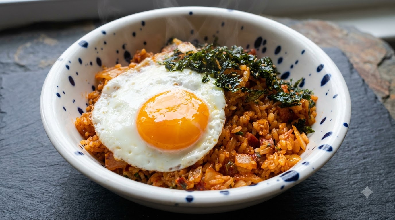 A warm bowl of kimchi fried rice topped with a sunny-side-up fried egg and crushed seaweed flakes.