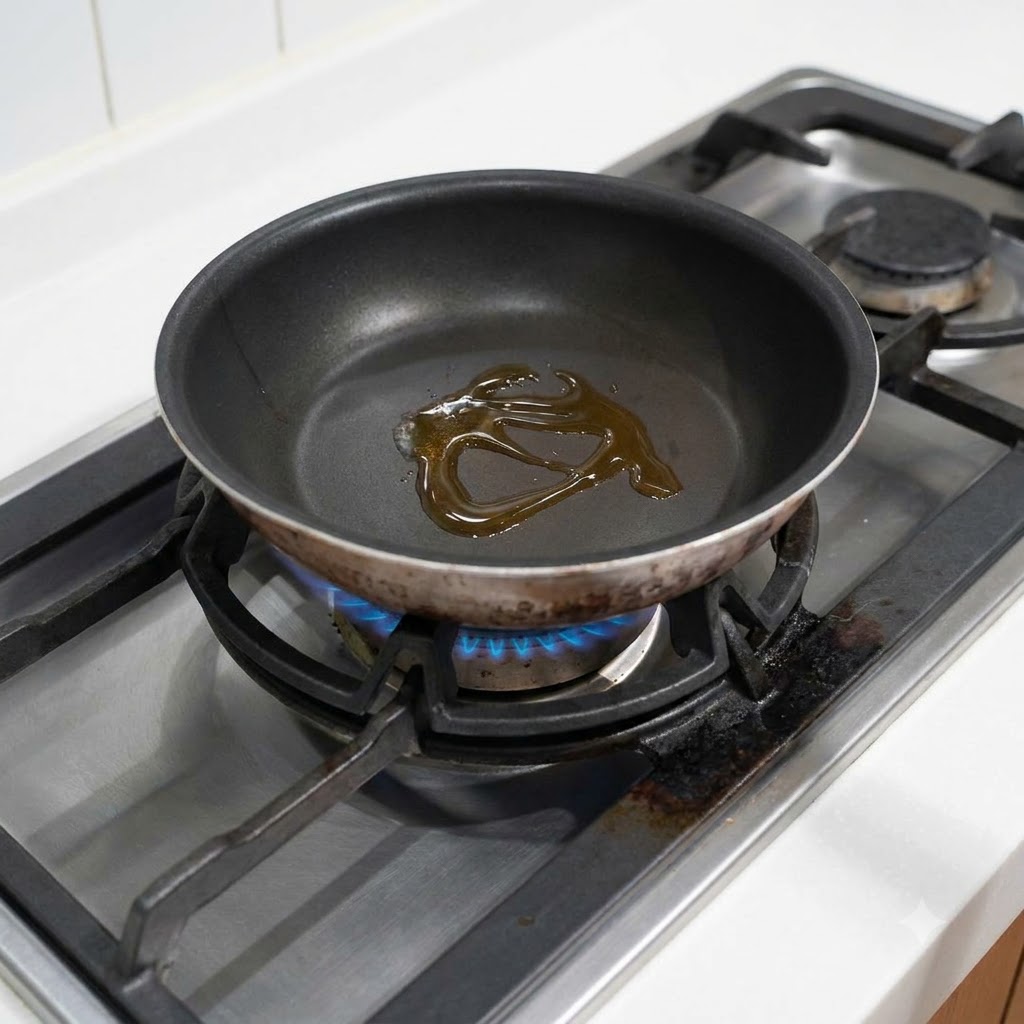 Garlic slices sizzling in a pan with sesame oil.