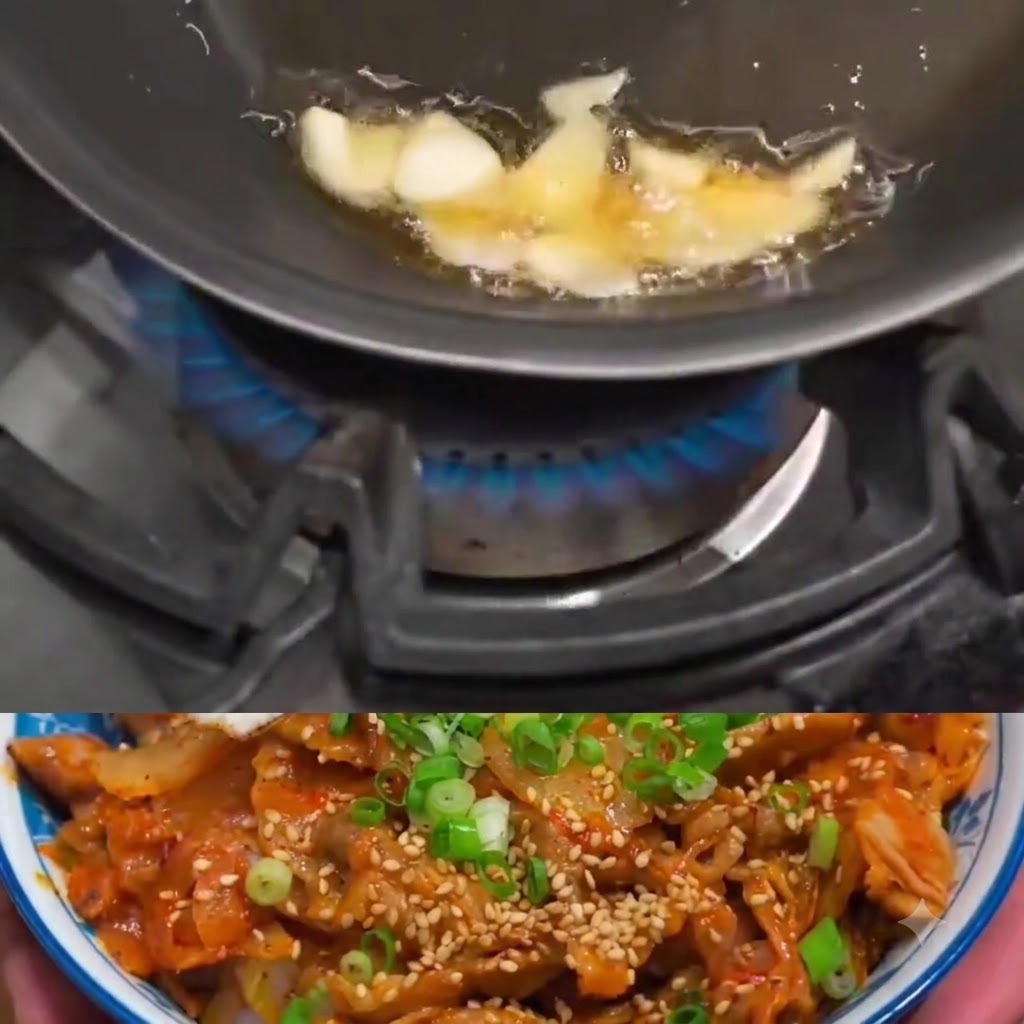 Sliced pork being added and cooked with garlic in the pan.