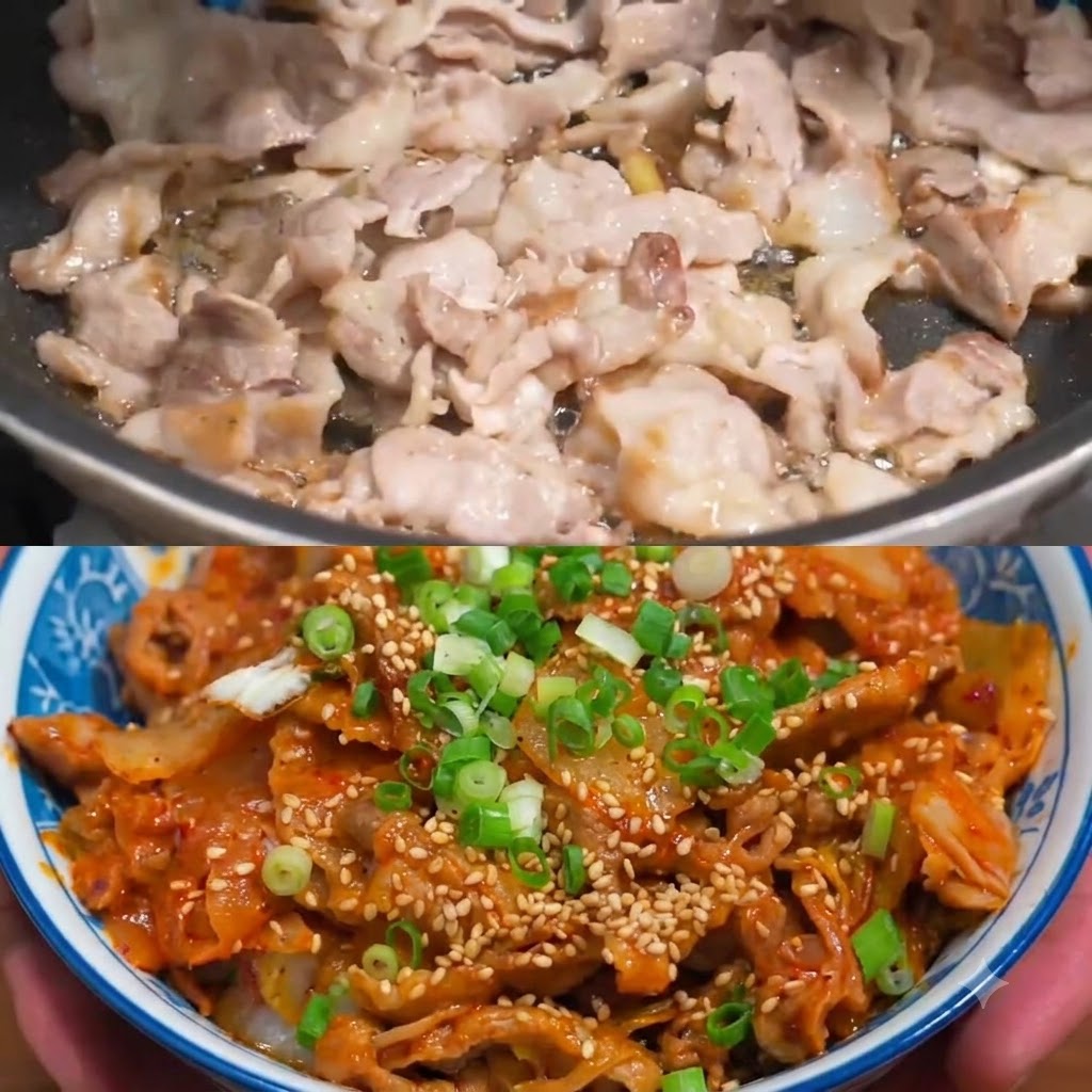 Onion slices mixed into the pan with cooking pork.