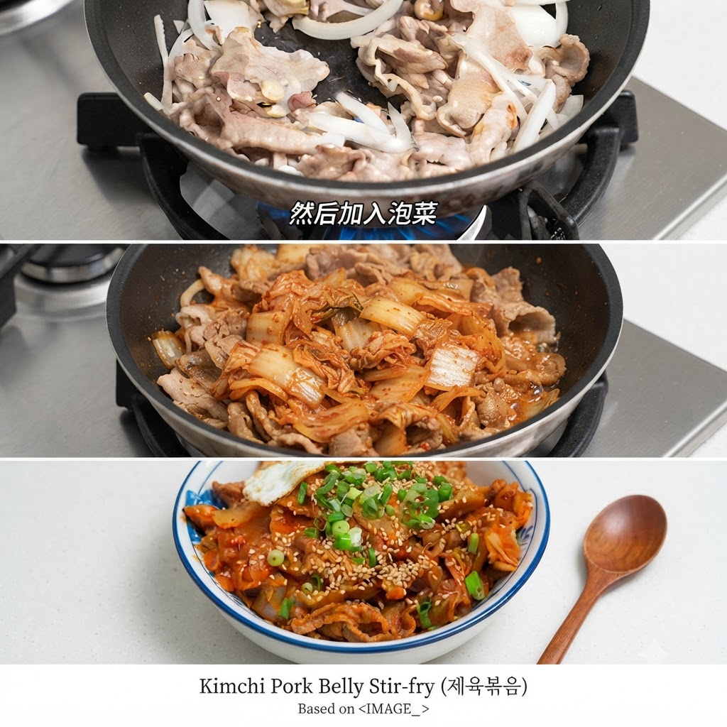 Kimchi pieces and red juice poured over the pork and onions in the pan.
