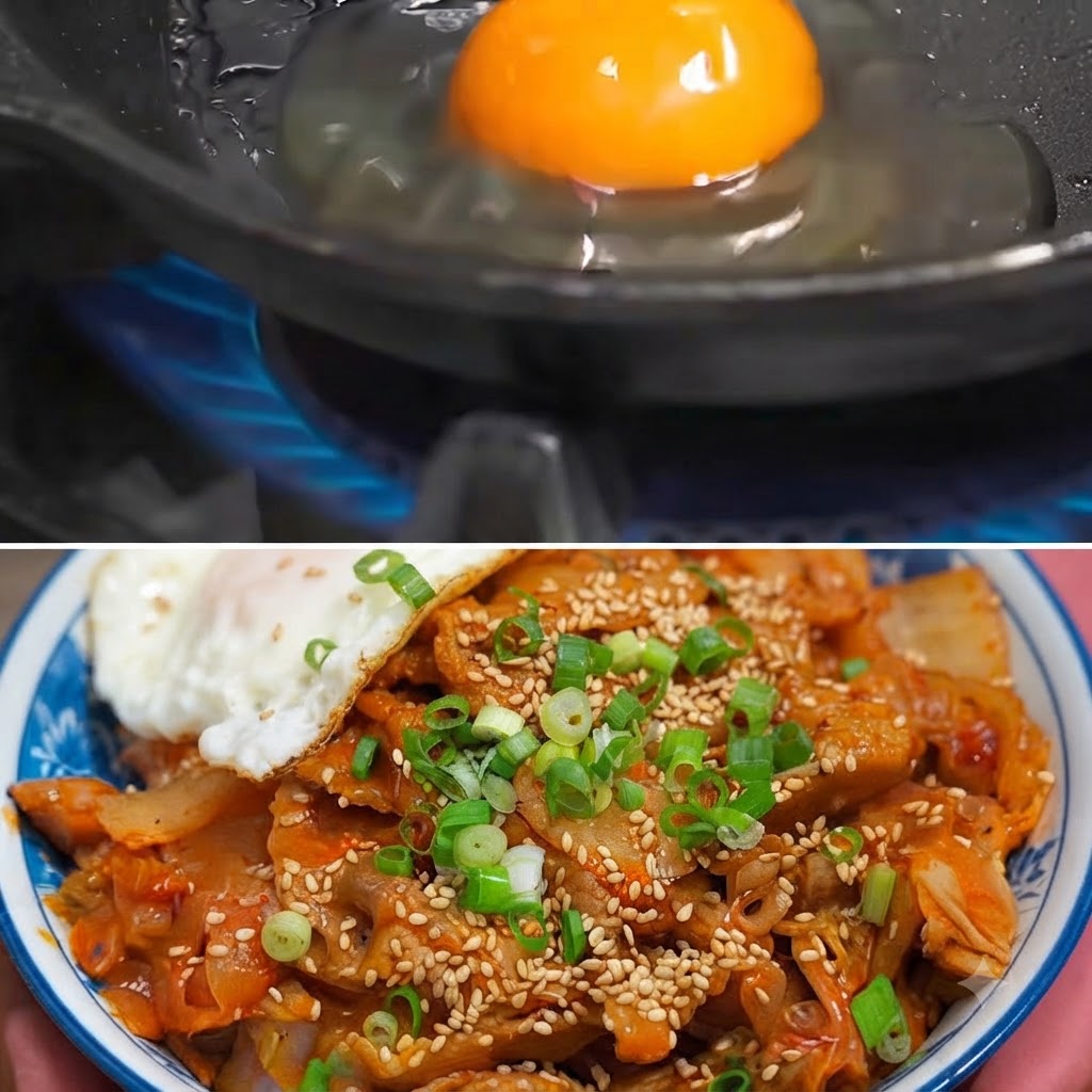 An egg frying in a skillet over a blue gas flame.