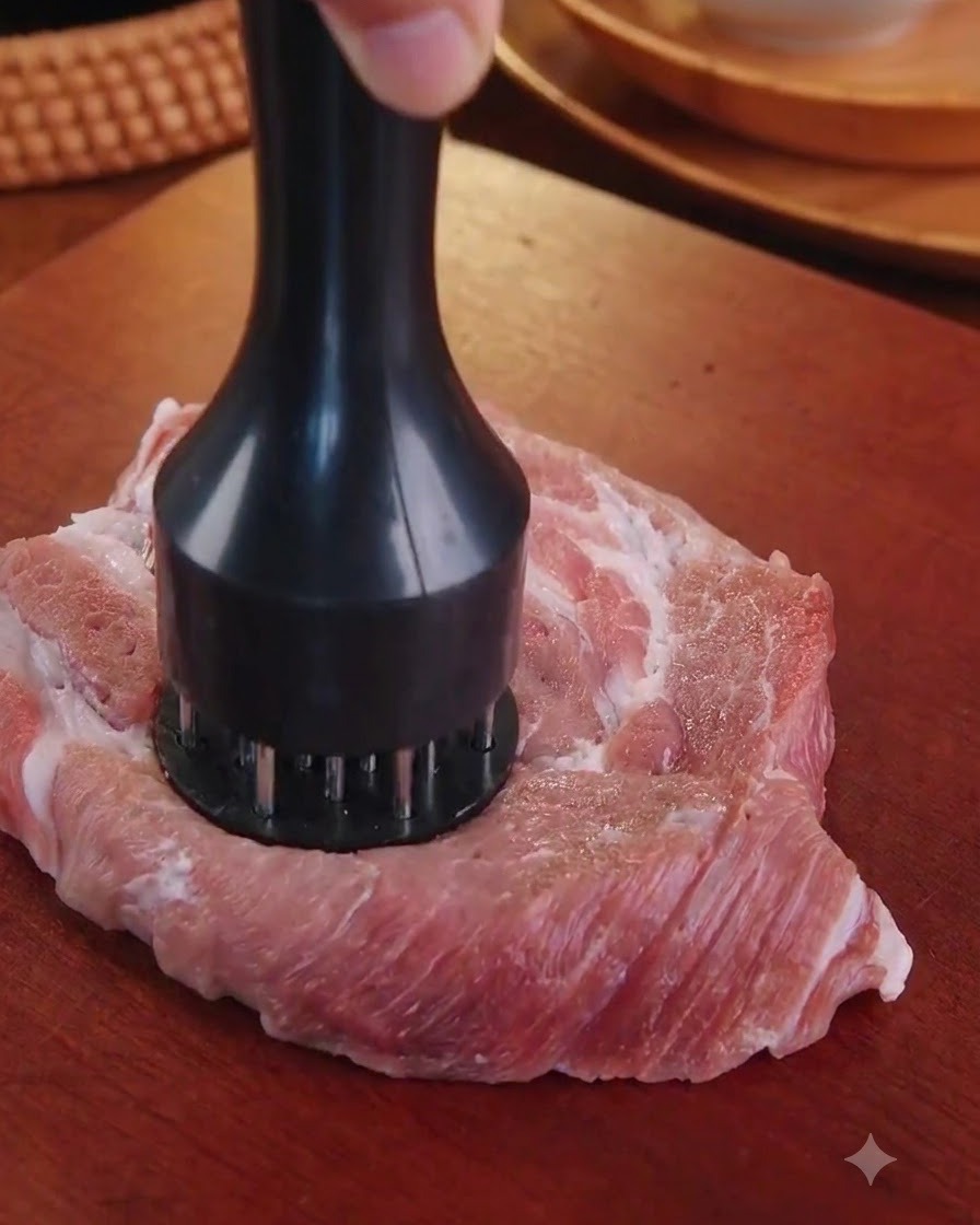 A raw piece of pork shoulder being pounded with a black meat tenderizer on a wooden board.
