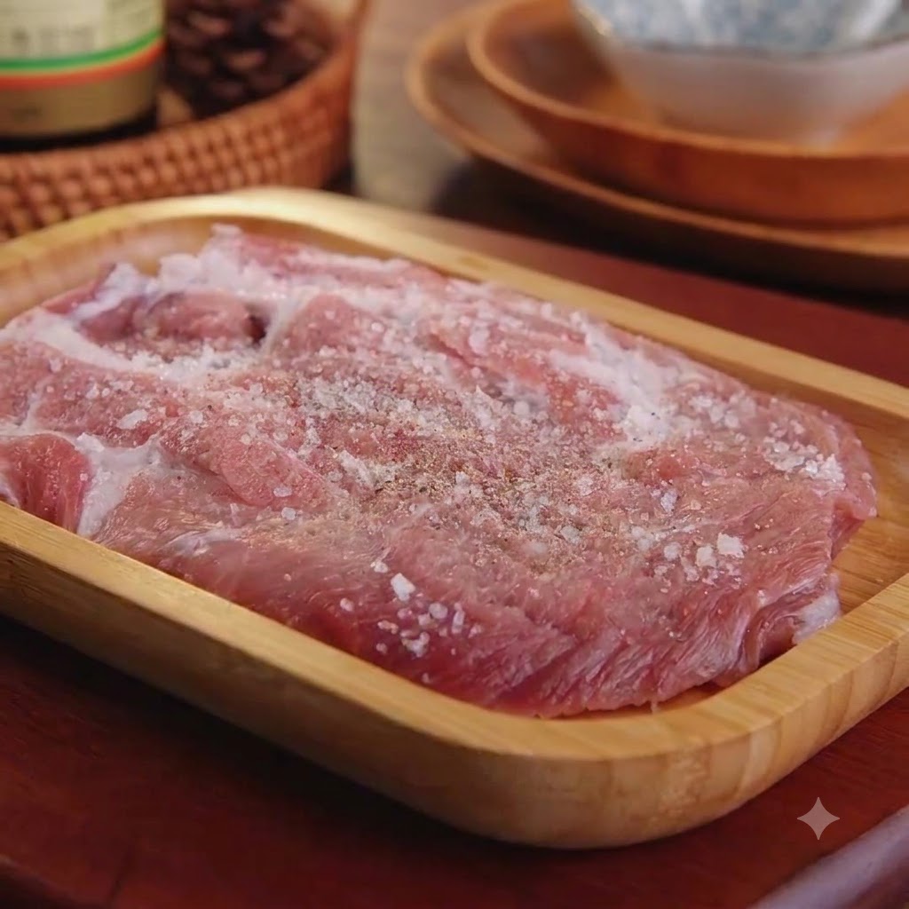 A raw pork cutlet seasoned with coarse salt and pepper resting in a wooden tray.